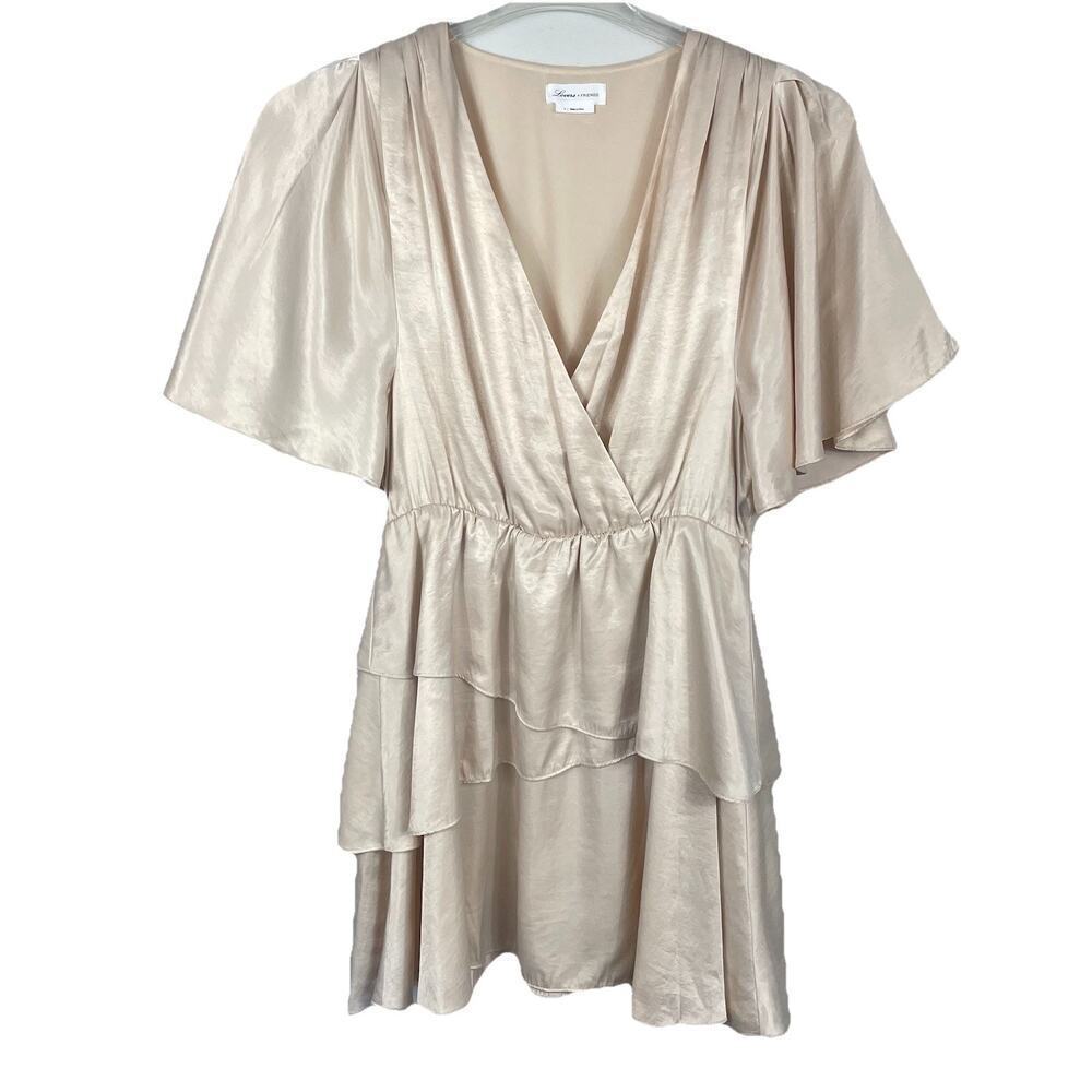 Lovers + Friends Byron Mini Dress Size S Champagne Beige Ruffle Tiered Romantic